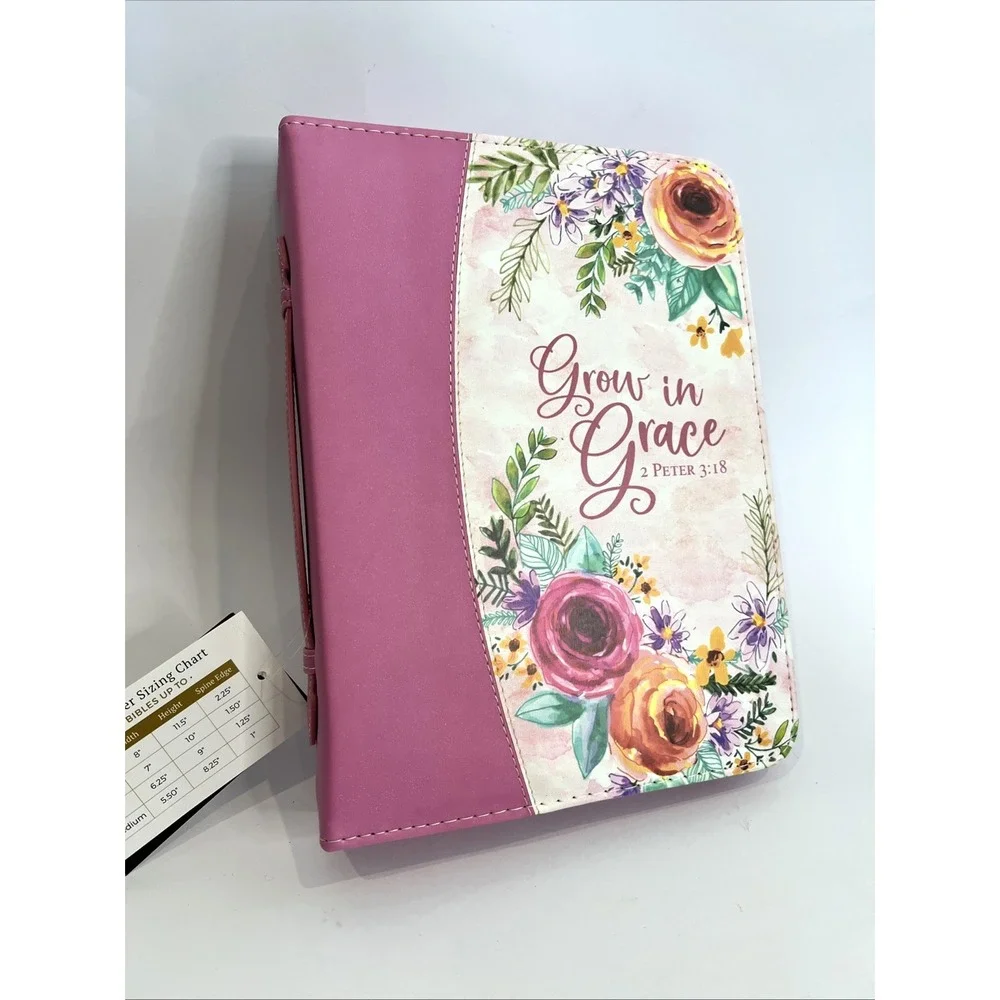 Divinity Grow in‎ Grace Pink Floral Leather Bible Cover, 8 x 11 x 3